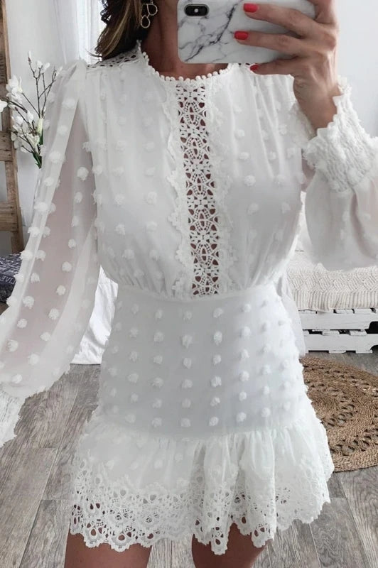 White Lace Short Dress with Long Puff Sleeves for Women