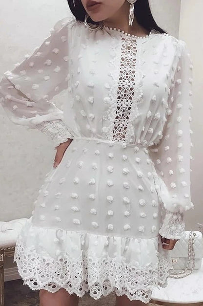 White Lace Short Dress with Long Puff Sleeves for Women