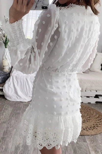 White Lace Short Dress with Long Puff Sleeves for Women