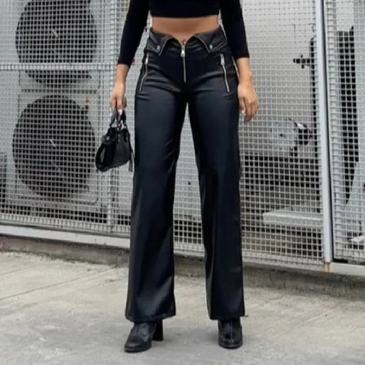 Y2K Fashion Leather High Waist Sexy Zipper Slim Streetwear Winter Pants