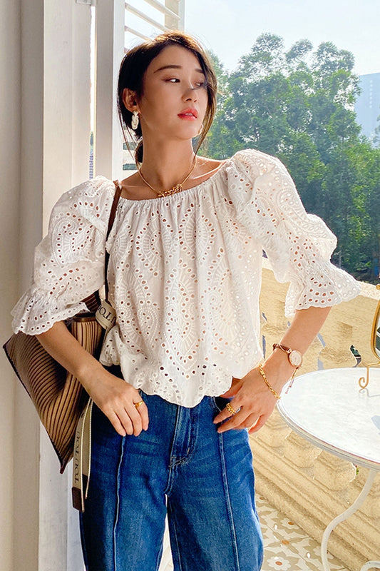 Arm Puff with Lace White Top Embroidery