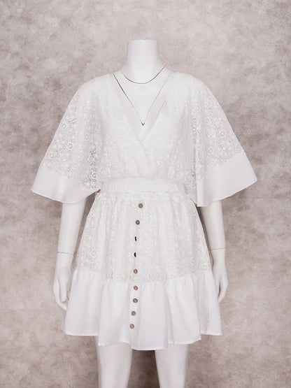 White Lace V Neck Ruffles Mini Dress