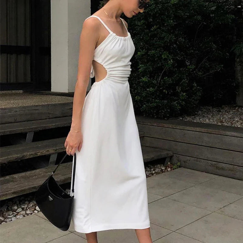 White Backless Hollow Out Bandage Spaghetti Strap Midi Dress