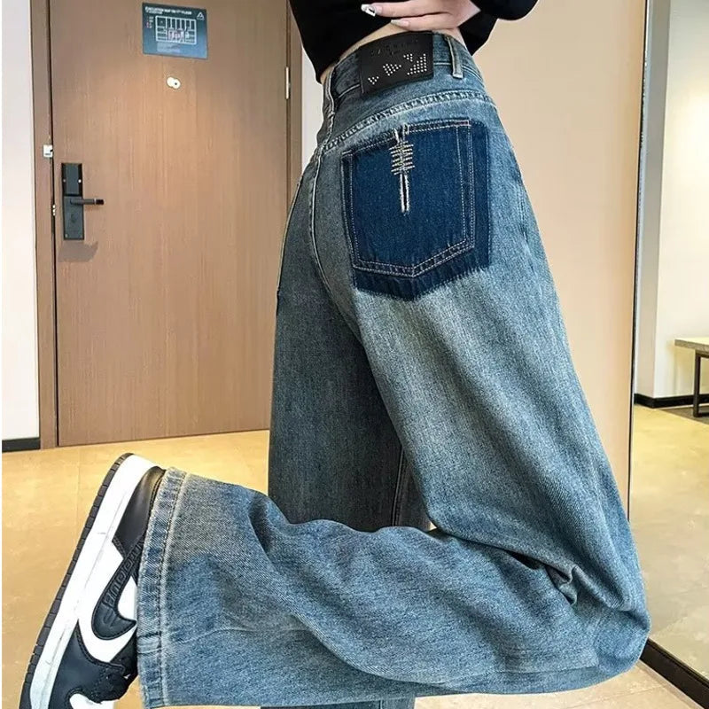 Summer Thin Vintage Blue High Waist Slim Pear Shaped Contrast Straight Leg Wide Leg Jean