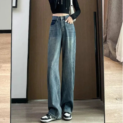 Summer Thin Vintage Blue High Waist Slim Pear Shaped Contrast Straight Leg Wide Leg Jean