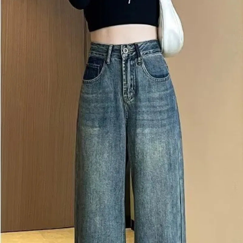 Summer Thin Vintage Blue High Waist Slim Pear Shaped Contrast Straight Leg Wide Leg Jean