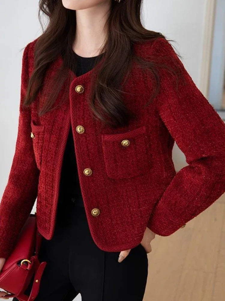 Wine Red Metal Buckle Slim Tweed Cardigan