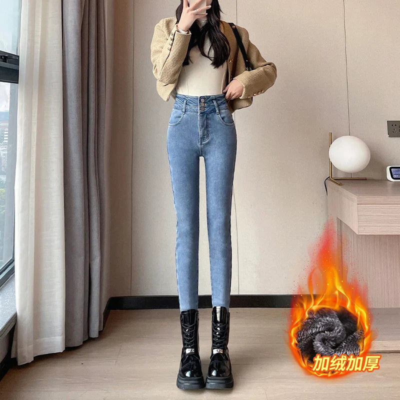 Winter Plus Velvet Women Warm Skinny Pencil Pants Thickened High Waist Casual Slim Stretch Denim Trousers Jean