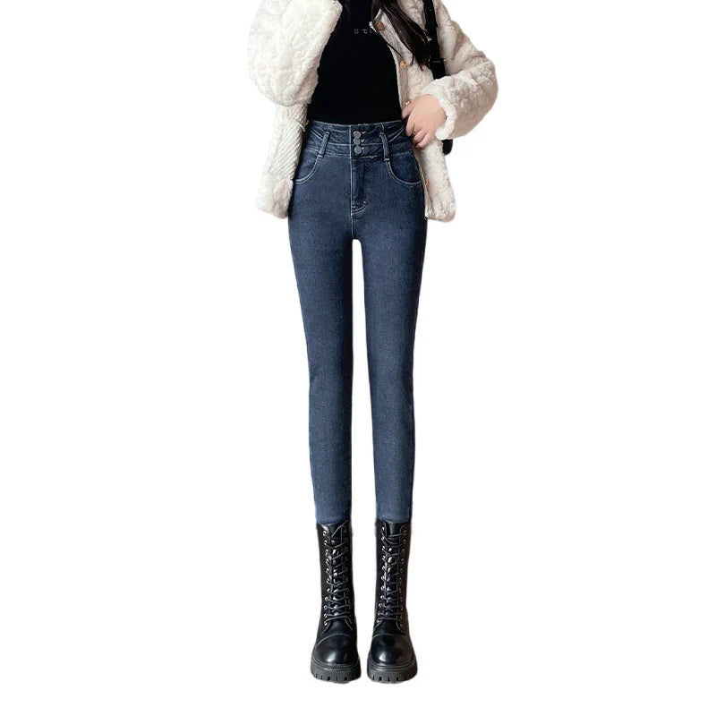 Winter Plus Velvet Skinny Women Stretch Denim Trousers Retro Patchwork Autumn Warm Thick Pencil Pants Jean