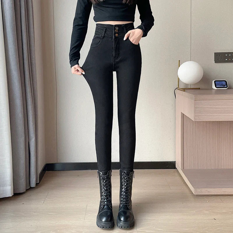 Winter Plus Velvet Skinny Women Stretch Denim Trousers Retro Patchwork Autumn Warm Thick Pencil Pants Jean