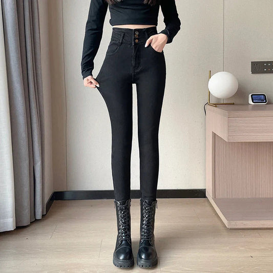 Winter Plus Velvet Women Warm Skinny Pencil Pants Thickened High Waist Casual Slim Stretch Denim Trousers Jean