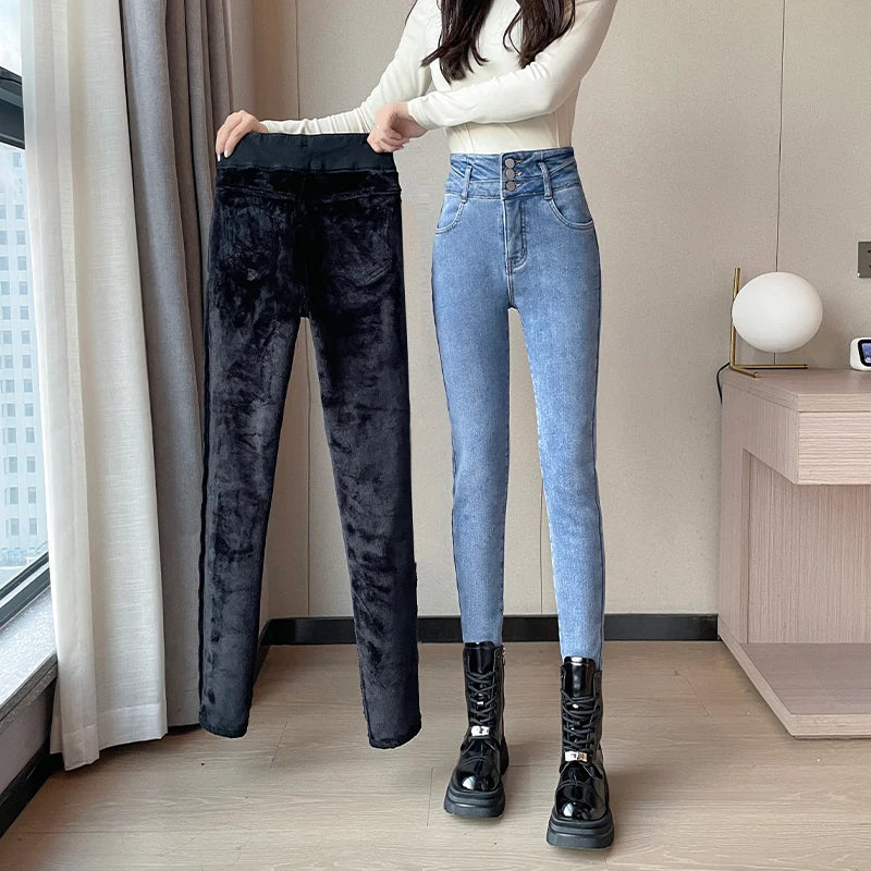 Winter Plus Velvet Warm Women Thickened High Waist Casual Slim Stretch Denim Trousers Skinny Pencil Pants Jean