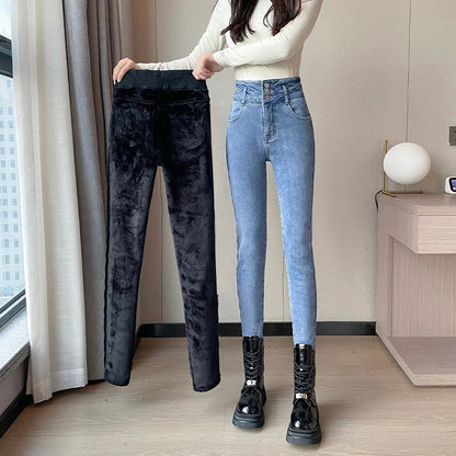 Winter Plus Velvet Warm Women Thickened High Waist Casual Slim Stretch Denim Trousers Skinny Pencil Pants Jean