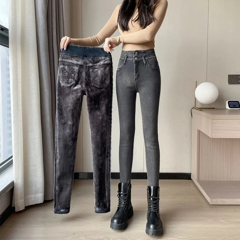 Winter Plus Velvet Warm Women Thickened High Waist Casual Slim Stretch Denim Trousers Skinny Pencil Pants Jean