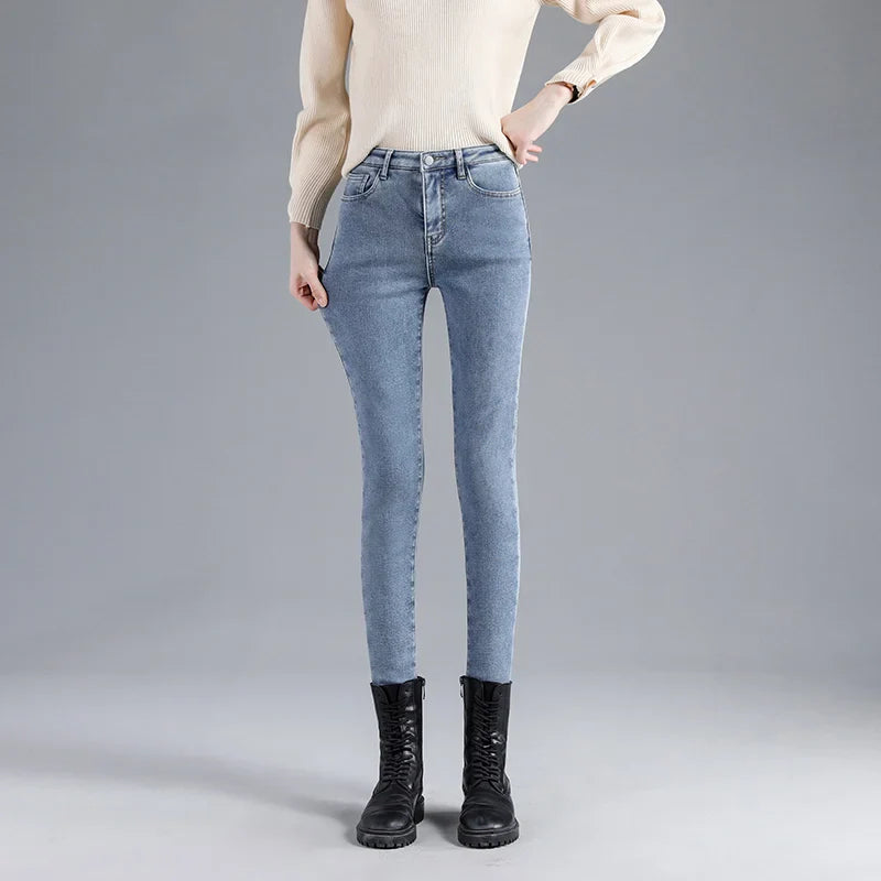 Winter Warm Thick Velvet High Skinny Slim Stretch Pencil Denim Jean