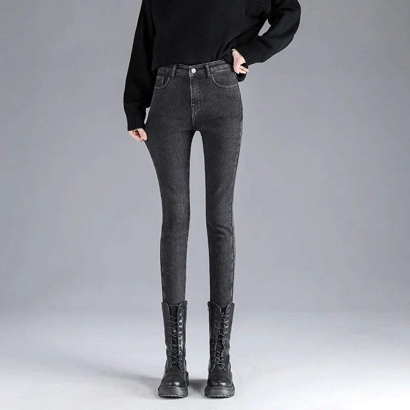 Winter Warm Thick Velvet High Skinny Slim Stretch Pencil Denim Jean