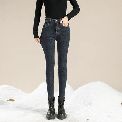 Winter Warm Thick Velvet High Skinny Slim Stretch Pencil Denim Jean