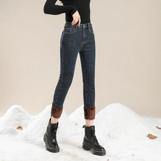 Winter Warm Thick Velvet High Skinny Slim Stretch Pencil Denim Jean