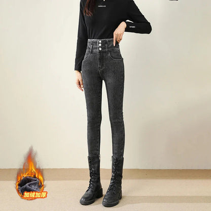 Winter Warm Women High Waist Skinny Thick Velvet Casual Lady Denim Pencil Pants Plus Size Fleece Slim Fit Stretch Trousers Jean