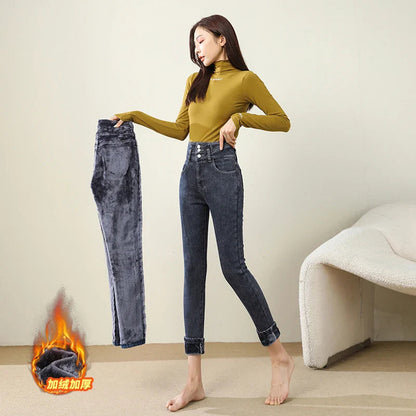 Winter Warm Women High Waist Skinny Thick Velvet Casual Lady Denim Pencil Pants Plus Size Fleece Slim Fit Stretch Trousers Jean