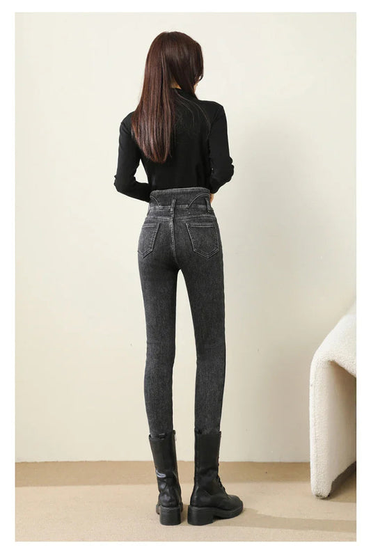 Winter Warm Women High Waist Skinny Thick Velvet Casual Lady Denim Pencil Pants Plus Size Fleece Slim Fit Stretch Trousers Jean