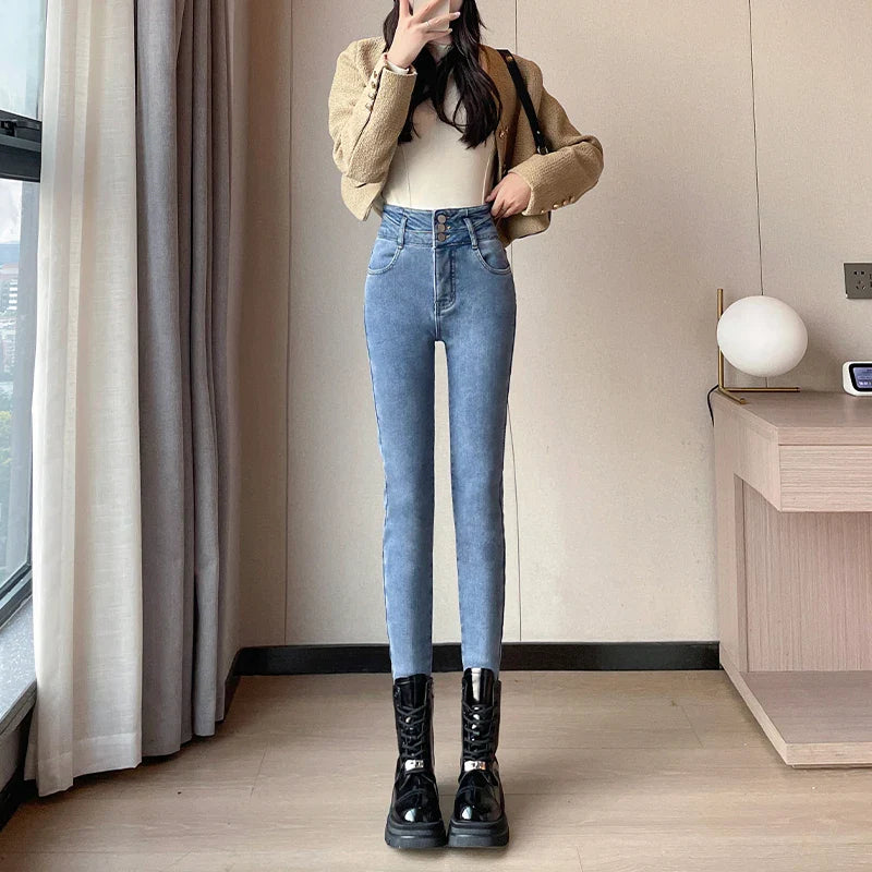 Winter Women Stretch Skinny Retro Patchwork Warm Thick Pencil Pants Slim Stretch Denim Trousers Jean