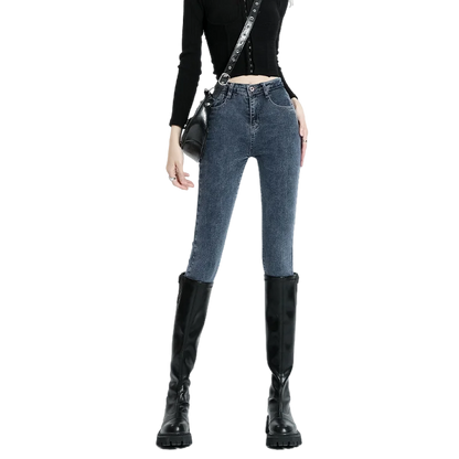 Winter Women Stretch Thicken Lamb Fluff High Waist Fleece Lined Warm Slim Denim Pencil Pants Jean