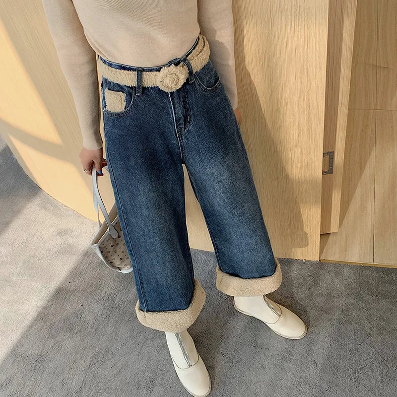 Winter Thick Velvet Fleece Faux Lambs Wool Stitching Fashion High Waist Casual Warm Wide Leg Denim Jean