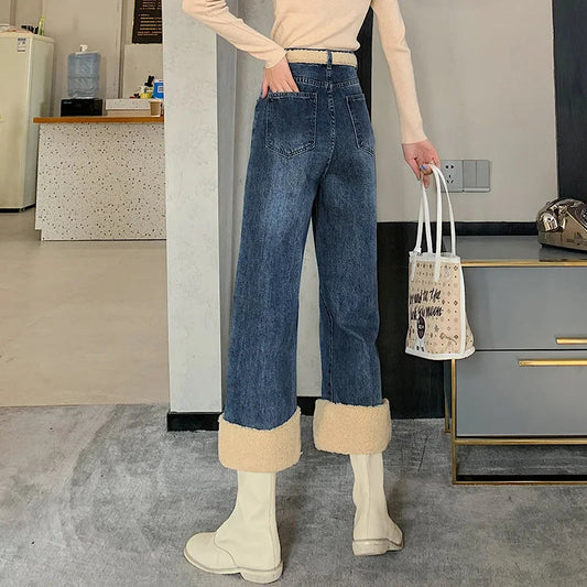 Winter Thick Velvet Fleece Faux Lambs Wool Stitching Fashion High Waist Casual Warm Wide Leg Denim Jean