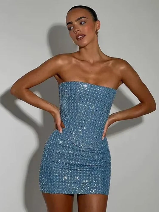 Blue Sequined Denim Strapless Party Dress