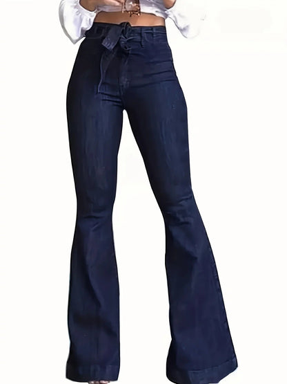 Women Fashion Blue Denim High-Stretch Bell Bottom Legs Denim Pants Women Solid Color High Waist Flare Jeans