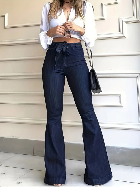 Women Fashion Blue Denim High-Stretch Bell Bottom Legs Denim Pants Women Solid Color High Waist Flare Jeans