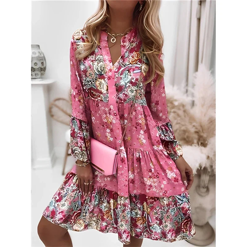 Summer Floral Print V Neck Ruffles Boho Dress