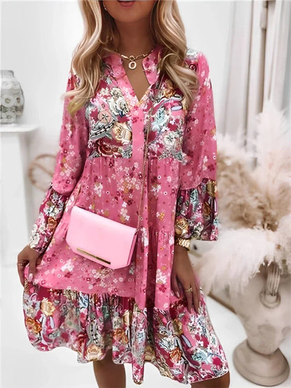 Summer Floral Print V Neck Ruffles Boho Dress