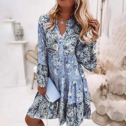 Summer Floral Print V Neck Ruffles Boho Dress