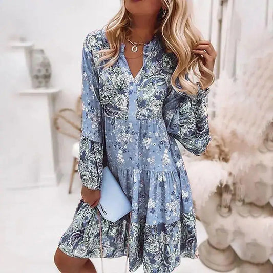 Summer Floral Print V Neck Ruffles Boho Dress