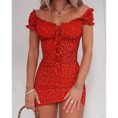 Tie Up Front Office Lady Slash Neck Printed Pencil Mini Dress