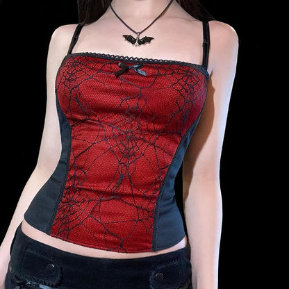 Sexy Spider Web Lace Patchwork Gothic Punk Sleeveless Square Collar Trendy Stylish Crop Top