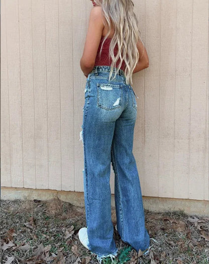 Women High Waist Loose Casual Ripped Hole Straight Pants 2024 Autumn New Drop Shipping Jean