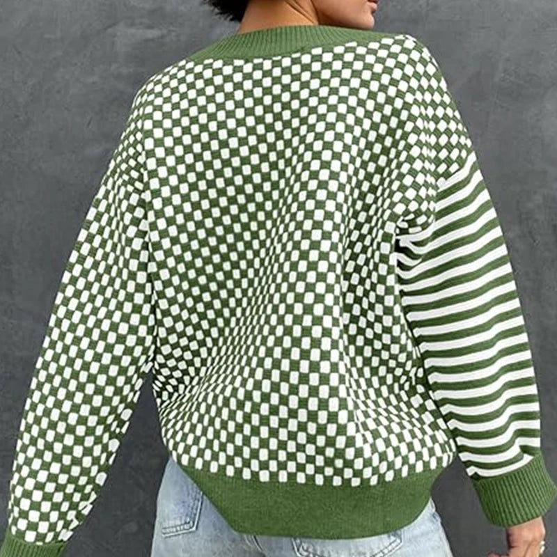 Loose Striped Plaid Casual Long Sleeve Cute Retro Chic Green Christmas Sweater