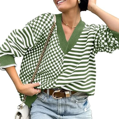 Loose Striped Plaid Casual Long Sleeve Cute Retro Chic Green Christmas Sweater