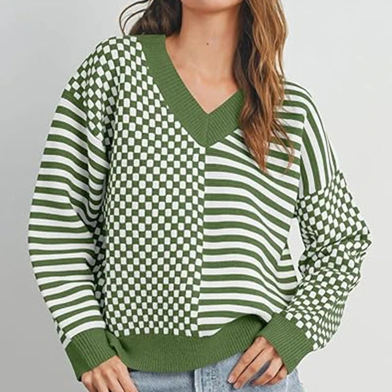 Loose Striped Plaid Casual Long Sleeve Cute Retro Chic Green Christmas Sweater