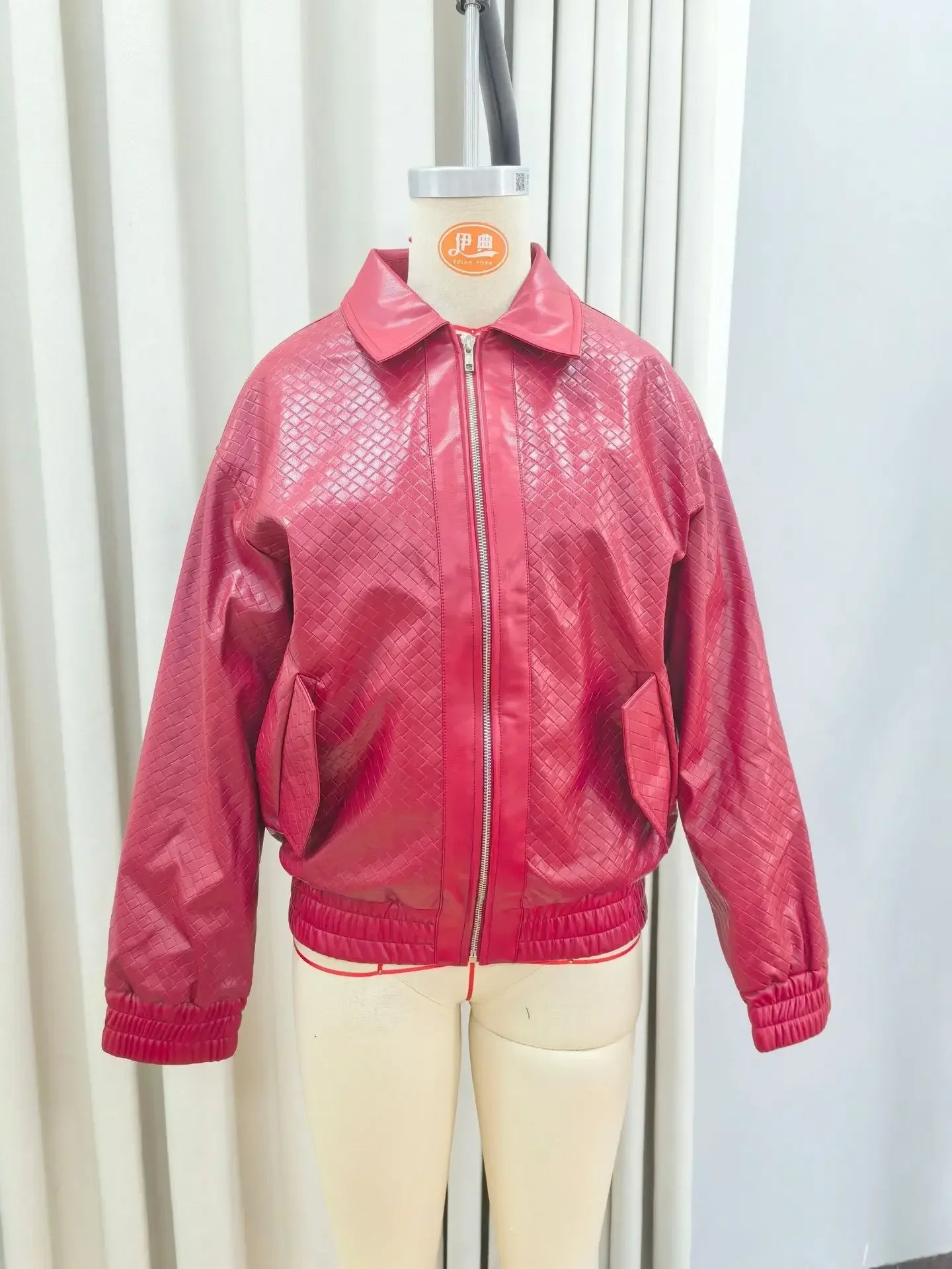 Wine Red PU Leather Zipper Coat