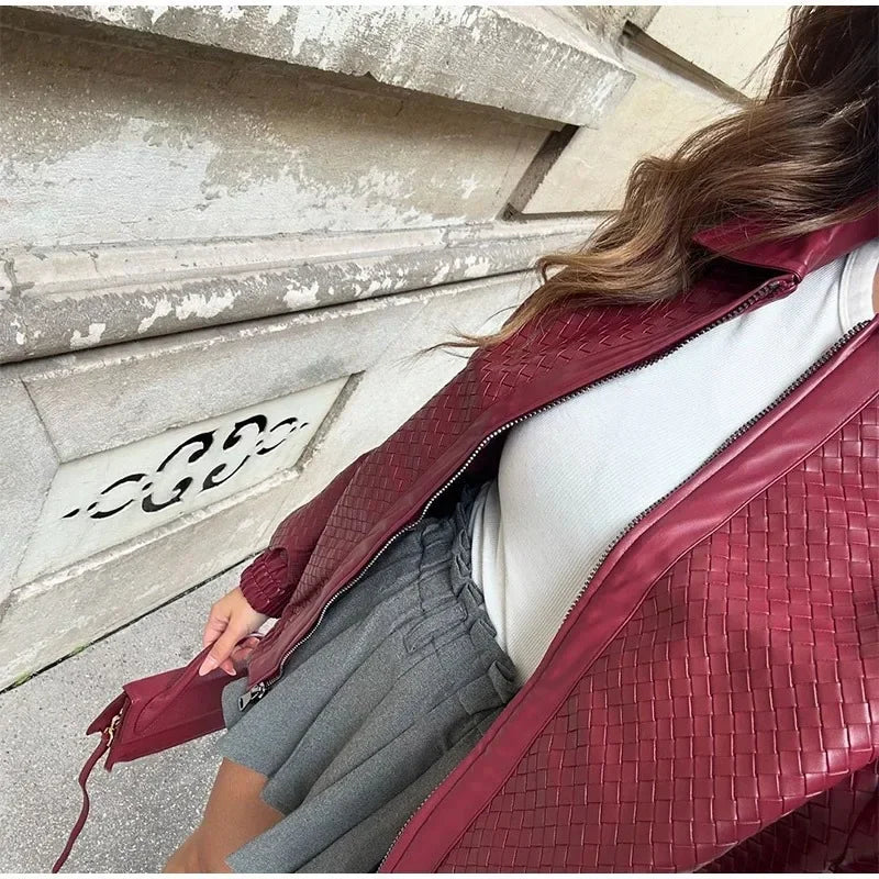 Wine Red PU Leather Zipper Coat