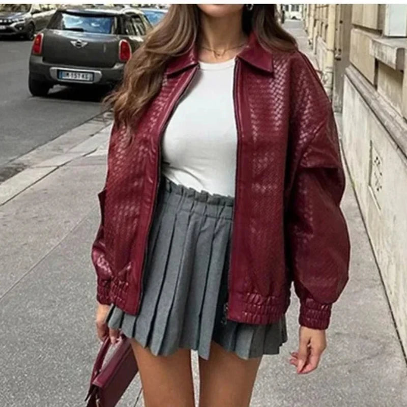 Wine Red PU Leather Zipper Coat