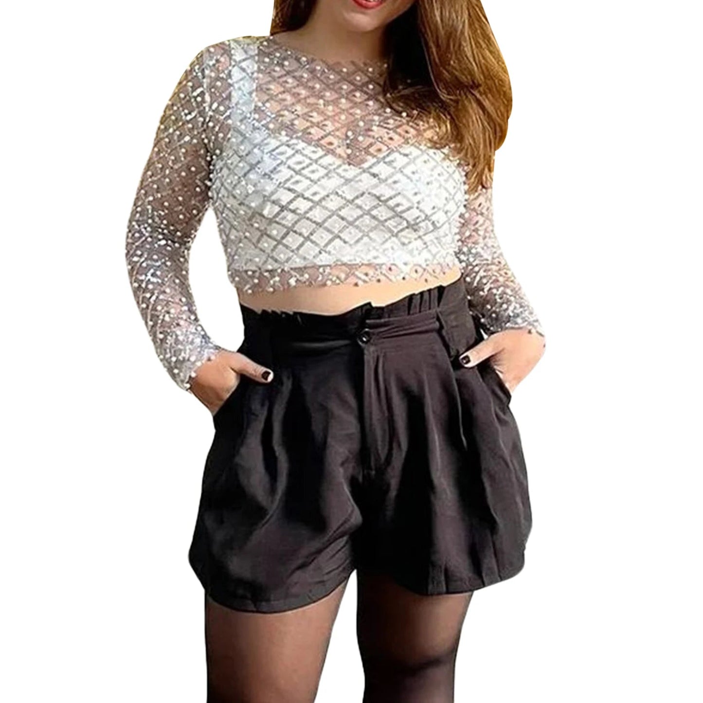 Rhinestone Beaded Y2k Slim Long Sleeve Stylish Elegant Trendy Chic Mesh Crop Top