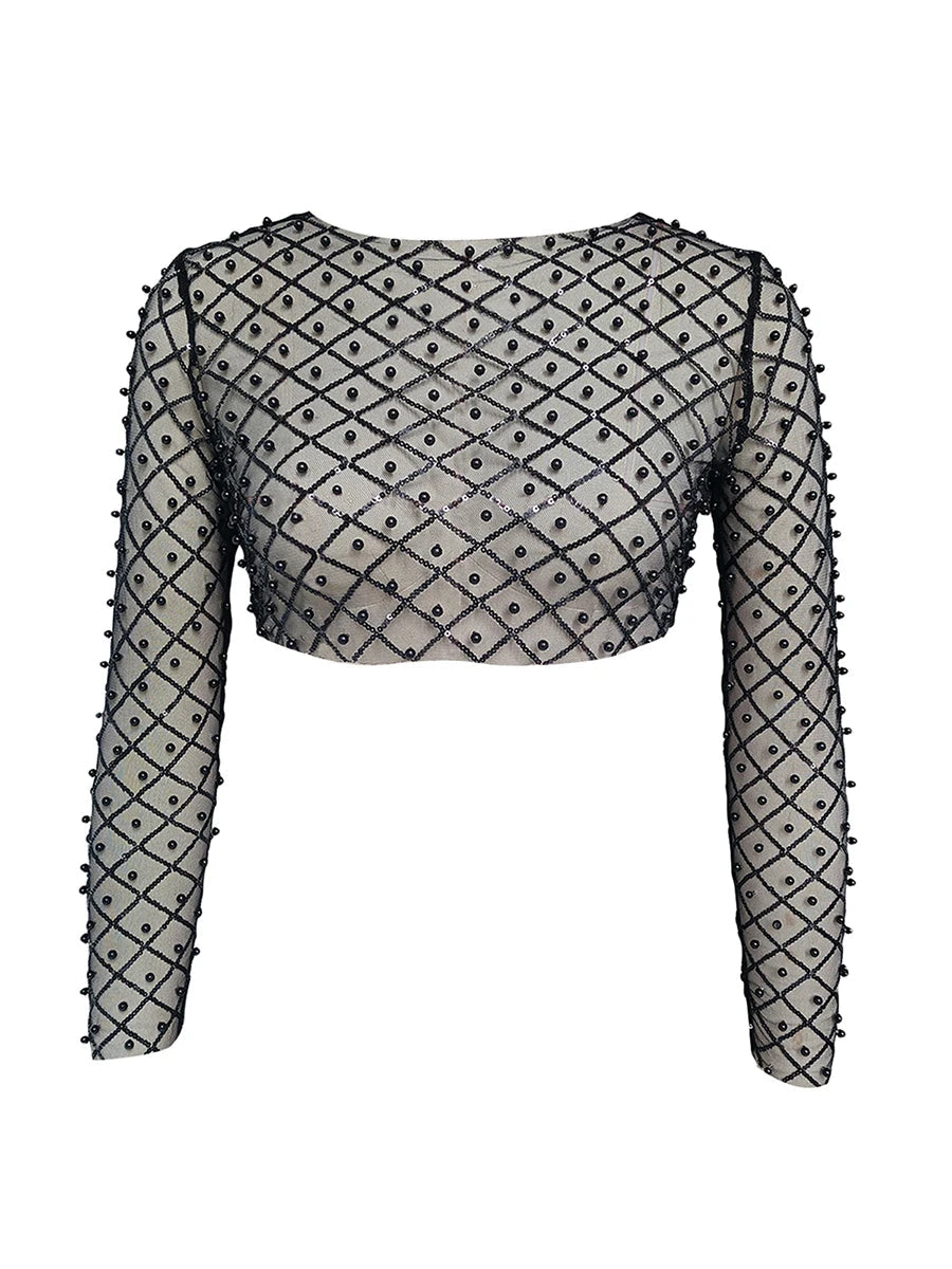 Rhinestone Beaded Y2k Slim Long Sleeve Stylish Elegant Trendy Chic Mesh Crop Top