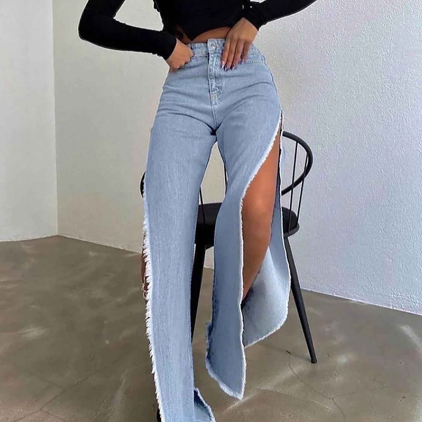 Street Hipster Double-Slit Wide-Leg Denim Jeans