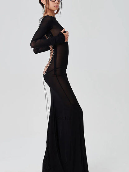 See Through Bodycon Sleeve Maxi Dress