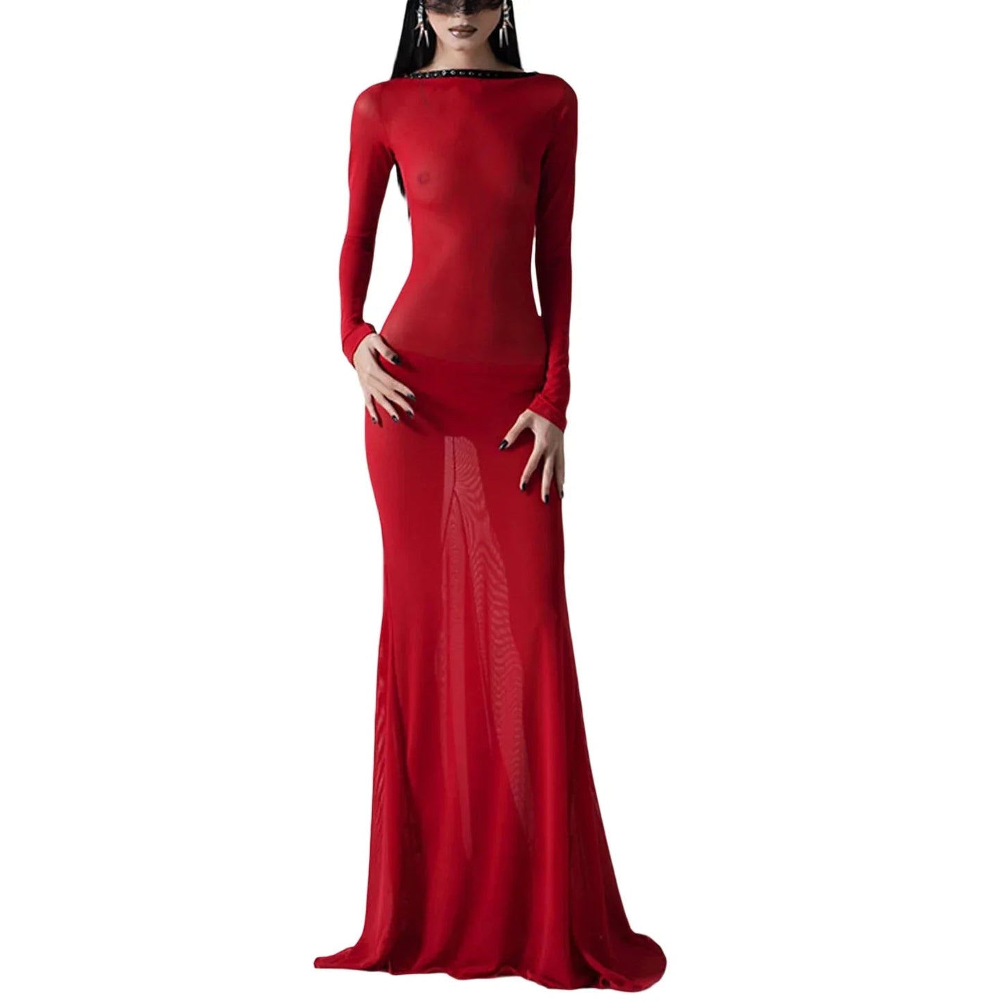 See Through Bodycon Sleeve Maxi Dress